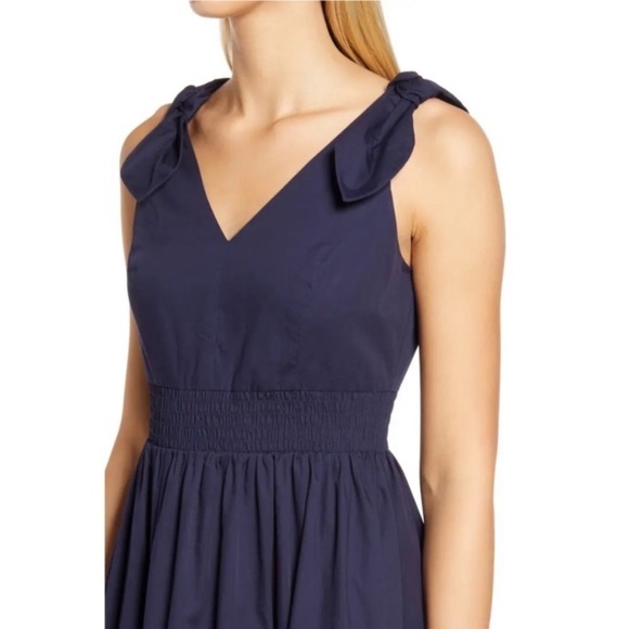 NWT Eliza J Smocked Cotton Dress In Navy with Bow Straps - Picture 4 of 10